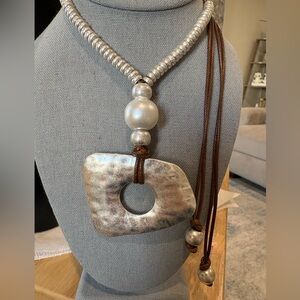 Handmade Silver Organic Circle Leather Adjustable Long Lariat Necklace